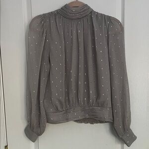 Ann Taylor Shirred Mock Neck Popover Top in Silver Metallic Dot size S